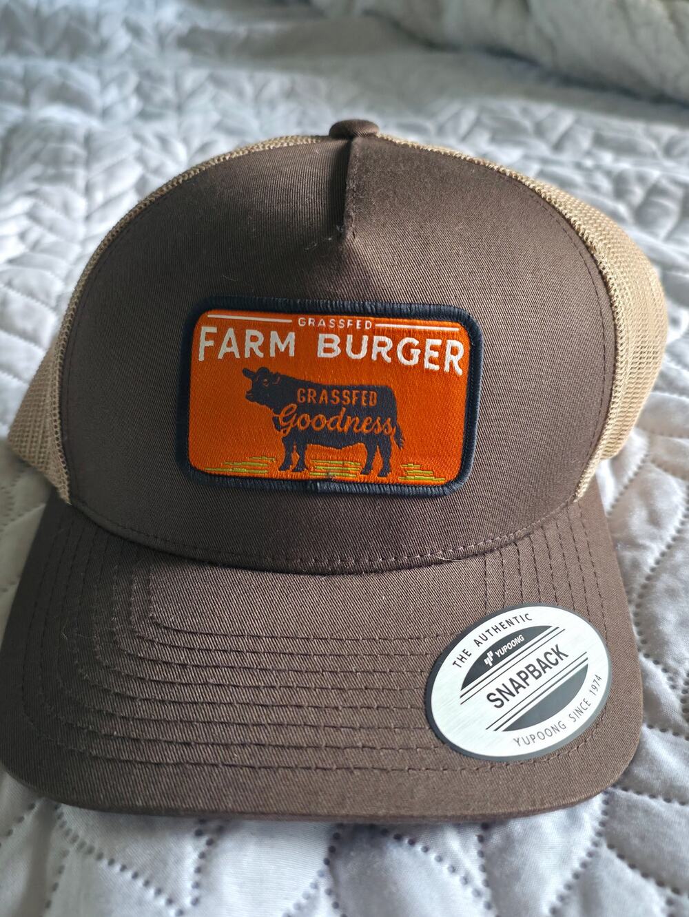 Yupoong Grassfed Farm Burger Trucker Hat - Brown/Tan - Snapback - NWT